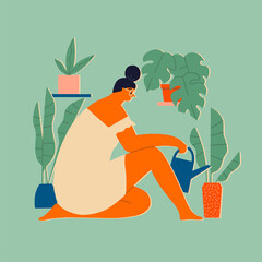 Woman at home watering house plants, leisure indoor activity during quarantine and social distancing illustration. Vector illustration - 482879927