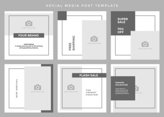 Fototapeta na wymiar Social media post template. Six editable page or banner, fit for all sale promotion, minimalist concept with dark grey and white color theme.
