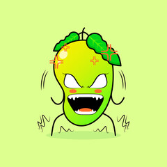 cute mango character withvery angry expression. eyes bulging and mouth wide open. green and orange. suitable for emoticon, logo, mascot