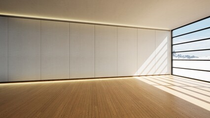 house with big glass window and wooden floor