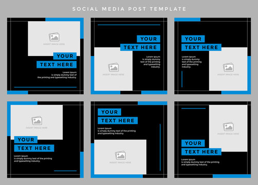 Social media post template. Six editable page or banner, fit for promotion and microblog, minimalist concept with sky blue and black color theme.