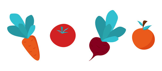 Flat cartoon vegetable border isolated carrot orange fruit citrus tomato beet