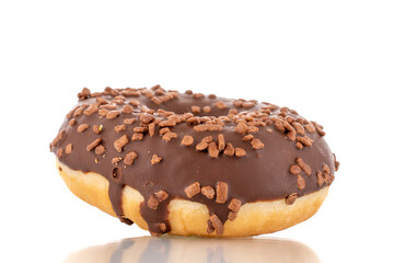 One sweet chocolate donut , macro, isolated on white.