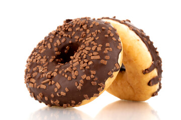 Two sweet chocolate donut , macro, isolated on white.