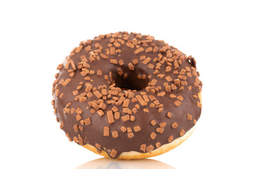 One sweet chocolate donut , macro, isolated on white.