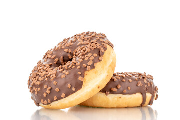Two sweet chocolate donut , macro, isolated on white.