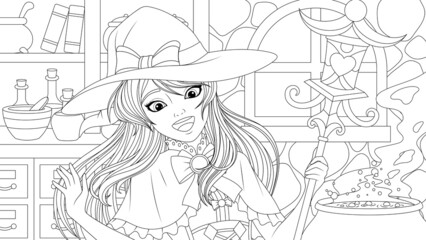 Vector illustration, beautiful cute young girl witch, conjures and has fun on the holiday