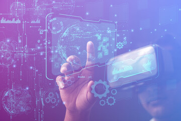 Businessman showing the future world of internet technology metaverse. global network application to create a virtual image of an online business in the future
