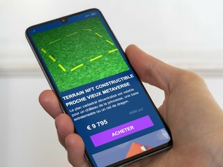 WEB3 NFT à vendre, virtuelle tokénisée dans metaverse, token investissement nft. Propriété décentralisée web 3.0. Investir meta verse, tokenisation métavers. Texte en français.
