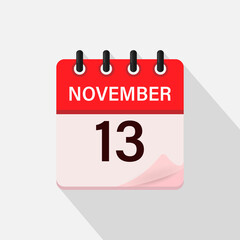 Fototapeta premium November 13, Calendar icon with shadow. Day, month. Flat vector illustration.