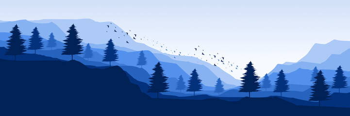 blue forest mountain flat design vector illustration for poster template, web banner, blog banner, website background, tourism promo poster, adventure design backdrop and poster design template