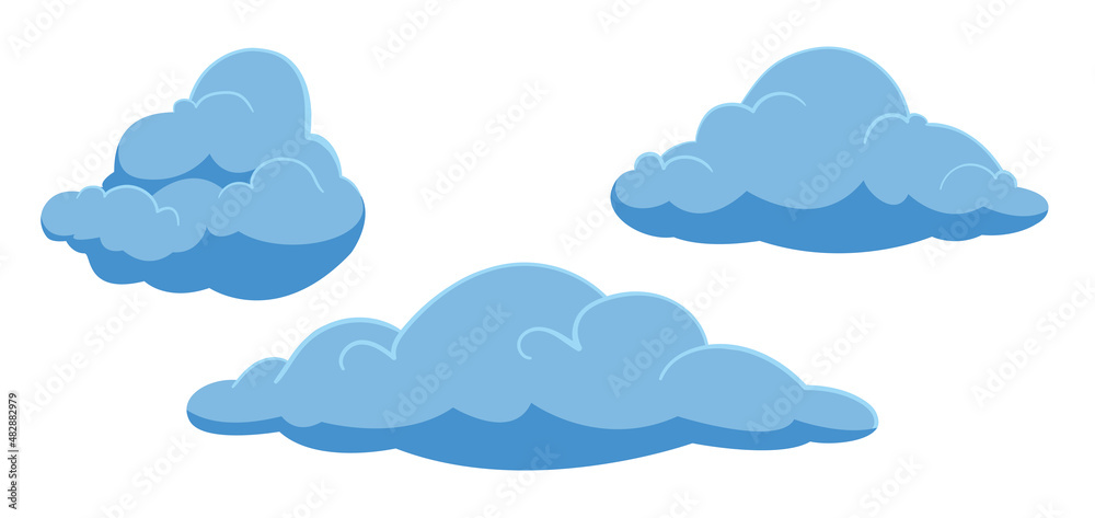 Poster set of three different cartoon clouds isolated on blue sky panorama vector collection. vector illust