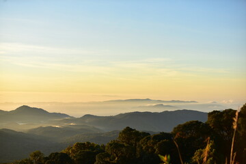 sunrisie or sun setting behind a dense forest area followed by mountains	