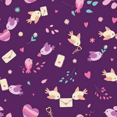 Seamless pattern with Valentine's Day object about love and romance -  cute birds with love letters, hearts and flowers. For wrapping paper, cards, backgrounds, postcards, congratulations, print.