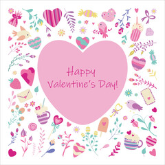 Frame with Valentine's Day romantic and cute elements - hearts, flowers, love letters, sweets. For greeteng, post cards, gift bag, wrapping paper, banner, instagram post, for print.