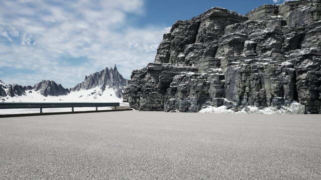 car parking lot beside snow moutain and cliff