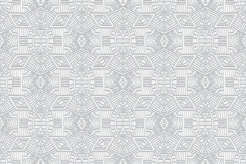 Embossed artistic white background, vintage cover design, ethno style. Geometric monochrome 3D pattern. National flavor of the peoples of the East, Asia, India, Mexico, the Aztecs.
