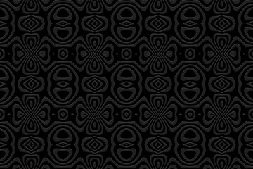 Embossed minimalistic black background, vintage cover design, ethno style. Geometric monochrome 3D pattern. National flavor of the peoples of the East, Asia, India, Mexico, the Aztecs.

