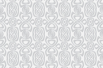 Embossed minimalistic abstract white background, vintage cover design, ethno style. Geometric monochrome 3D pattern. National flavor of the peoples of the East, Asia, India, Mexico, the Aztecs.
