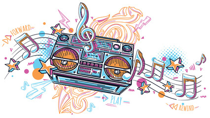 Music design - funky colorful drawn boom box tape recorder with clef, musical notes and graffiti arrows