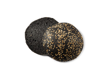 Sliced black bun for burger on white isolated background.