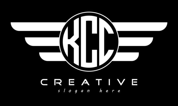 KCC three letter monogram type circle letter logo with wings vector template.