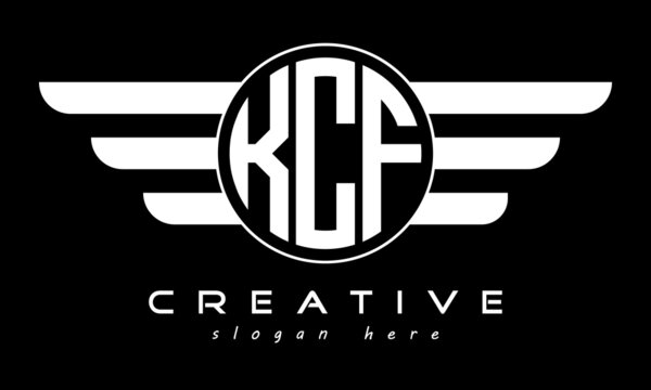 KCF three letter monogram type circle letter logo with wings vector template.