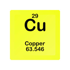 Copper Cu Chemical Element vector illustration diagram, with atomic number and mass. Simple flat dark gradient design for education, lab, science class.