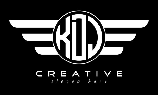 KDJ three letter monogram type circle letter logo with wings vector template.