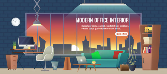 Modern office workplace. Workspace with big window with cityscape and sunset. Computer, laptop, furniture in interior