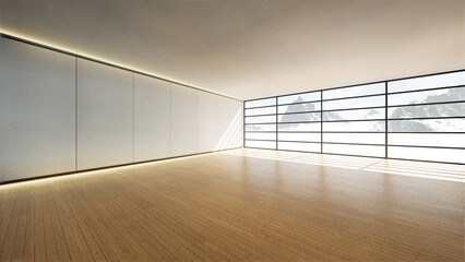 house with big glass window and wooden floor