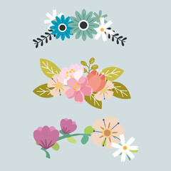Set of Flower wreaths. Spring flowers wreath set isolated on blue background, colorful springtime wedding flowering vector illustration
