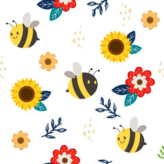 Fototapeta na wymiar The seamless pattern of cute bee with flower and leaf in flat vector style. illustation about background for paper, cover, fabric, interior decor and other users.