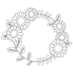 Sunflower wreath in  line drawing with Minimalist art style. Vector illustration.