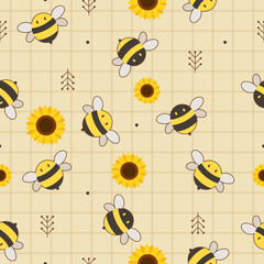 The seamless pattern of cute bee and sunflower and white flower in flat vector style. Illustration about bee and sunflower for banner, sticker label and greeting card