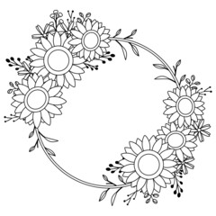 Fototapeta na wymiar Sunflower wreath in line drawing with Minimalist art style. Vector illustration.
