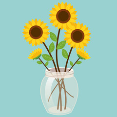 Sunflowers in vase. Illustration design for birthday, wedding, date, sale, anniversary invitations, greeting card.