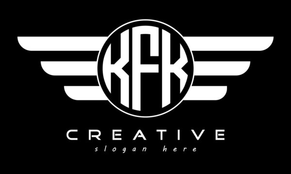 KFK three letter monogram type circle letter logo with wings vector template.