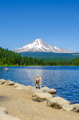 Majestic mountain lake with Mount Hood background in Oregon, USA.