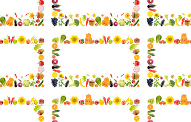 Large bright seamless pattern fresh healthy fruits, vegetables, berries isolated on white