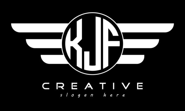 KJF three letter monogram type circle letter logo with wings vector template.
