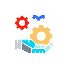 Hand holds a gears, tech development, engineering white line icon.