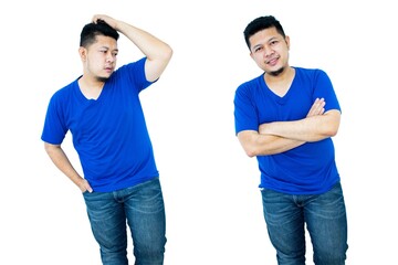 close up of man in blank V-neck short sleeve blue