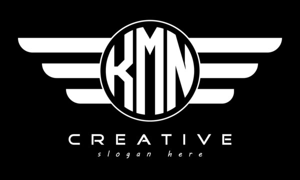 KMN three letter monogram type circle letter logo with wings vector template.
