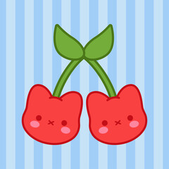 Cute Smiling Cat Cherries Vector illustration. Wall Art with Kawaii Style Red Cat Cherries on a blue Background. Lovely Nursery Art Ideal for Decoration, Card, Poster.