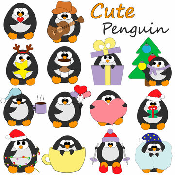 Set cute cartoon penguin. Draw illustration in color