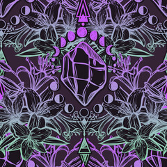 Botanical vector illustration, summer lilium flowers, bouquet of flowers, line art style, magic astrology, romantic decoration, dark background, seamless pattern, Handmade