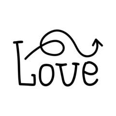 Linear doodle arrow with heart and Lettering handwriting Love. Pointer love, trajectory, like. Vector design element for social media, valentines day and romantic designs.