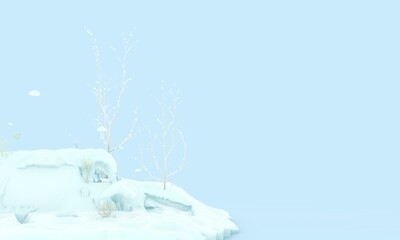dried plants and trees on stacked snow and ice in a small field winter concept background 3d render