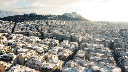 Aerial photo of Athens after snow
